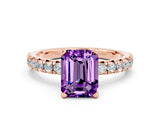 Rose gold Emerald Cut Amethyst Solitaire Pavé Engagement Ring with Round Band and Prong Setting_67