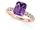 Rose gold Emerald Cut Amethyst Solitaire Pavé Engagement Ring with Round Band and Prong Setting_68