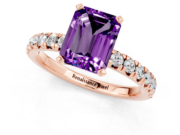 Rose gold Emerald Cut Amethyst Solitaire Pavé Engagement Ring with Round Band and Prong Setting