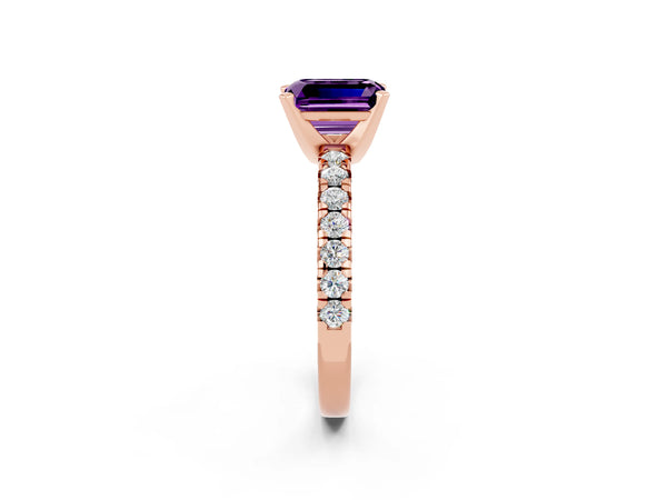 Rose gold Emerald Cut Amethyst Solitaire Pavé Engagement Ring with Round Band and Prong Setting