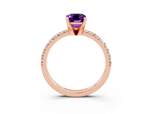 Rose gold Emerald Cut Amethyst Solitaire Pavé Engagement Ring with Round Band and Prong Setting