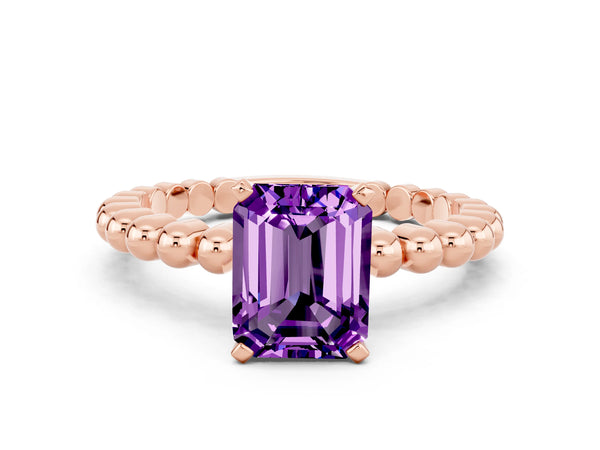 Rose gold Emerald Cut Amethyst Solitaire Ring with Beaded Band and Prong Setting