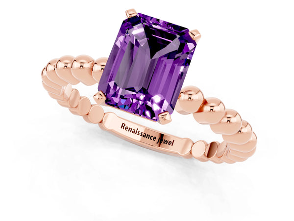 Rose gold Emerald Cut Amethyst Solitaire Ring with Beaded Band and Prong Setting