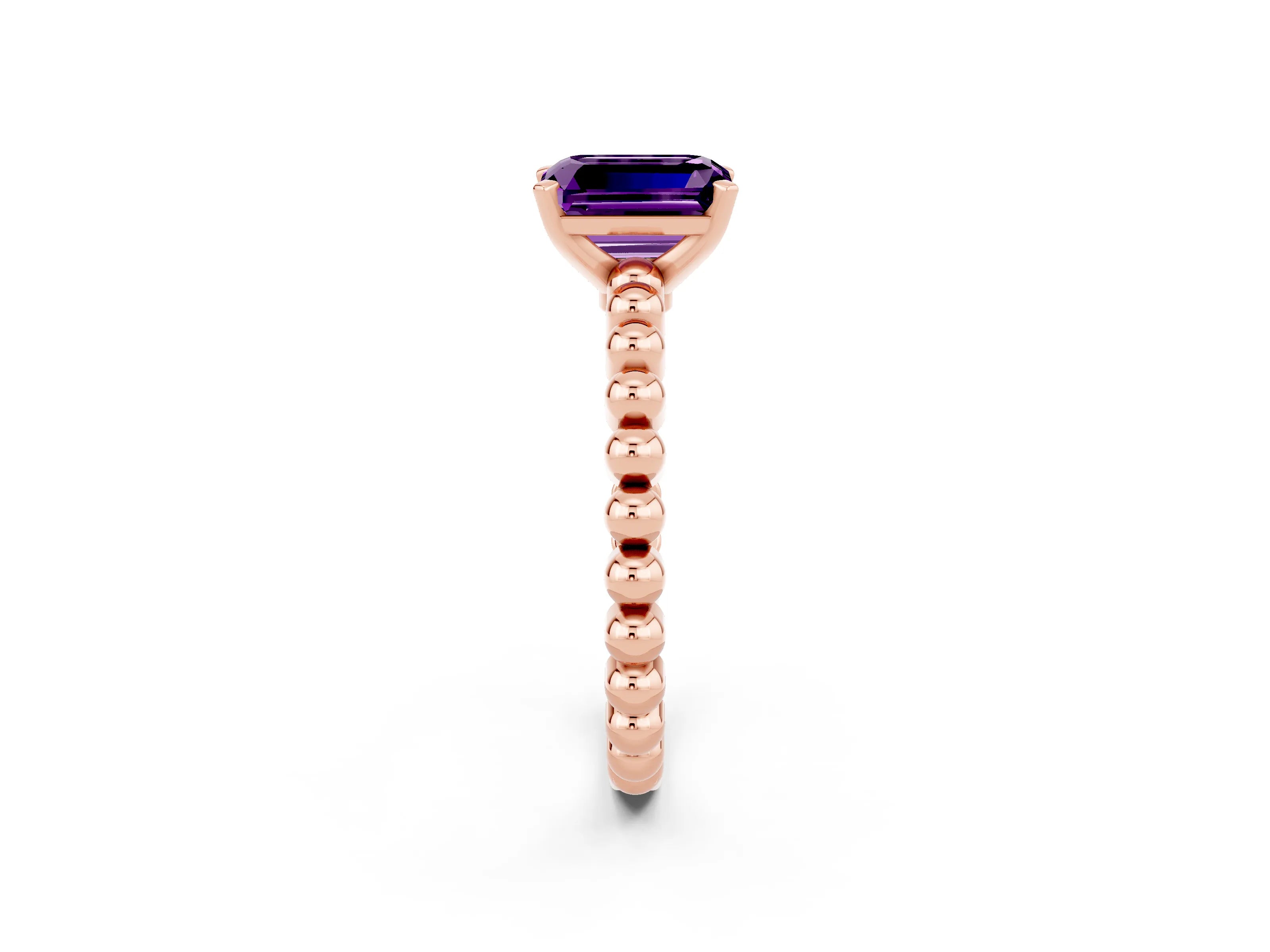 Rose gold Emerald Cut Amethyst Solitaire Ring with Beaded Band and Prong Setting_2