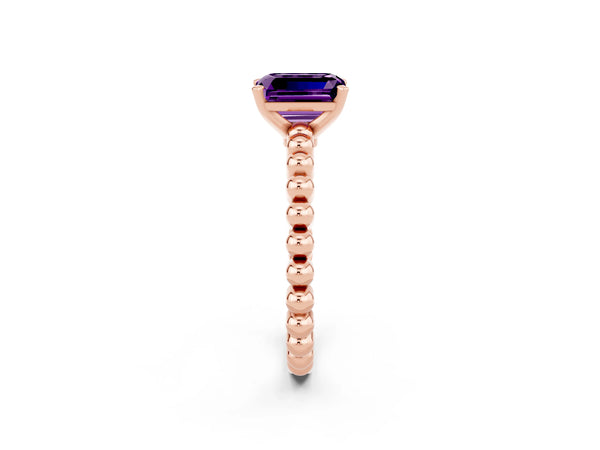 Rose gold Emerald Cut Amethyst Solitaire Ring with Beaded Band and Prong Setting