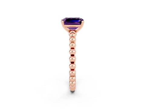 Rose gold Emerald Cut Amethyst Solitaire Ring with Beaded Band and Prong Setting_2