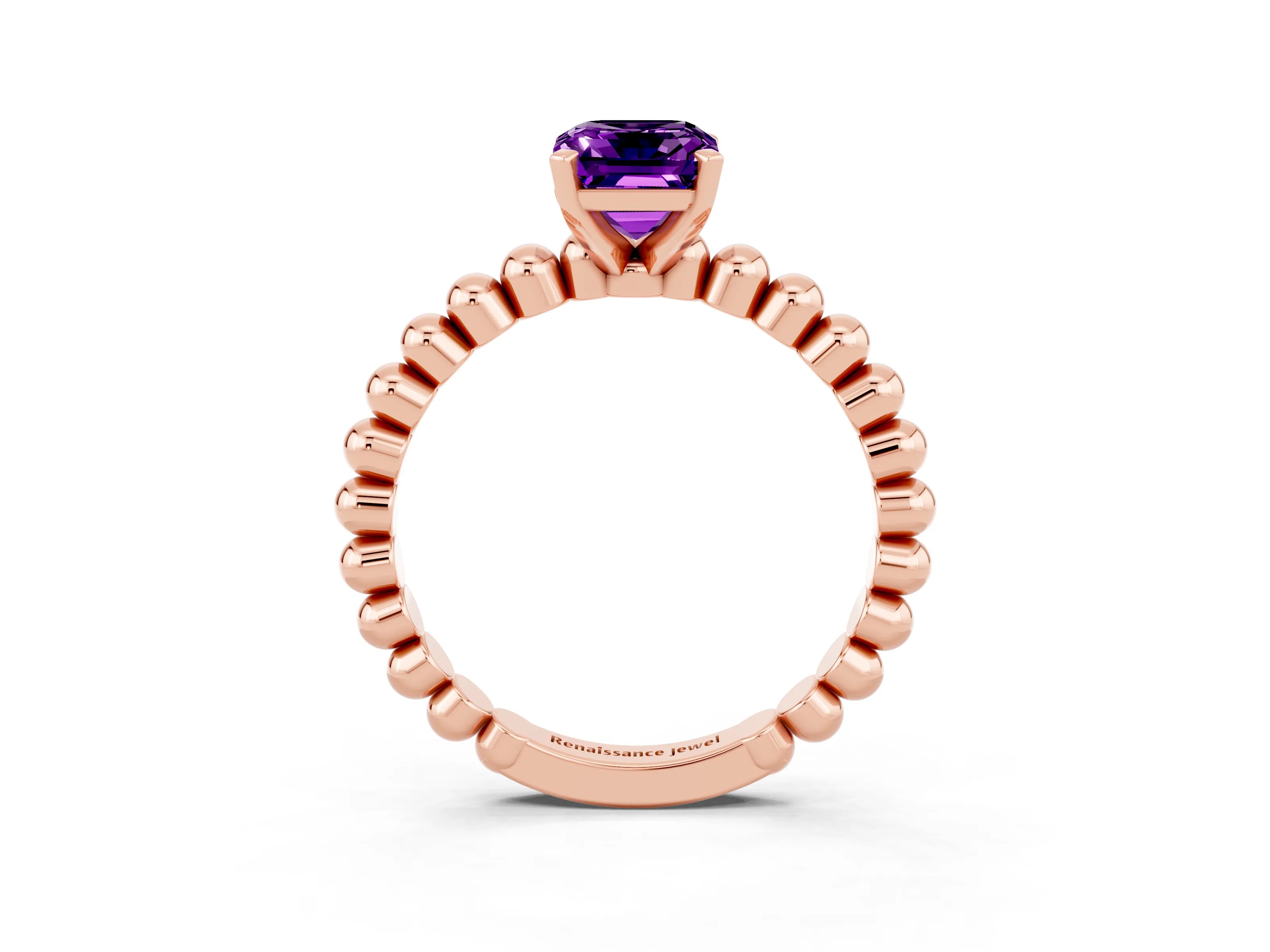 Rose gold Emerald Cut Amethyst Solitaire Ring with Beaded Band and Prong Setting_3