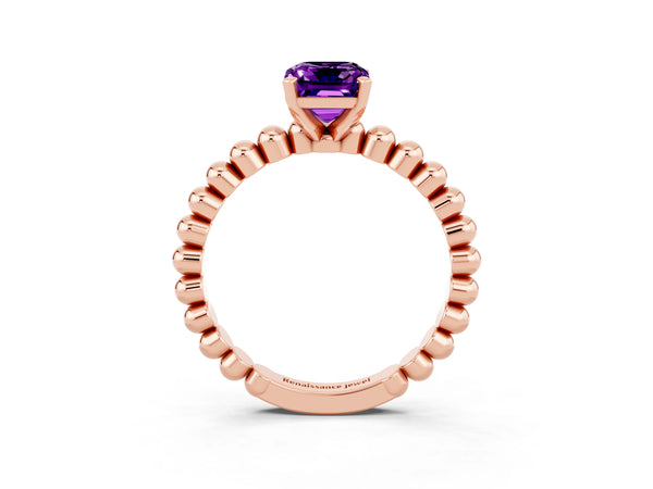 Rose gold Emerald Cut Amethyst Solitaire Ring with Beaded Band and Prong Setting