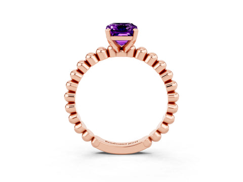 Rose gold Emerald Cut Amethyst Solitaire Ring with Beaded Band and Prong Setting_3