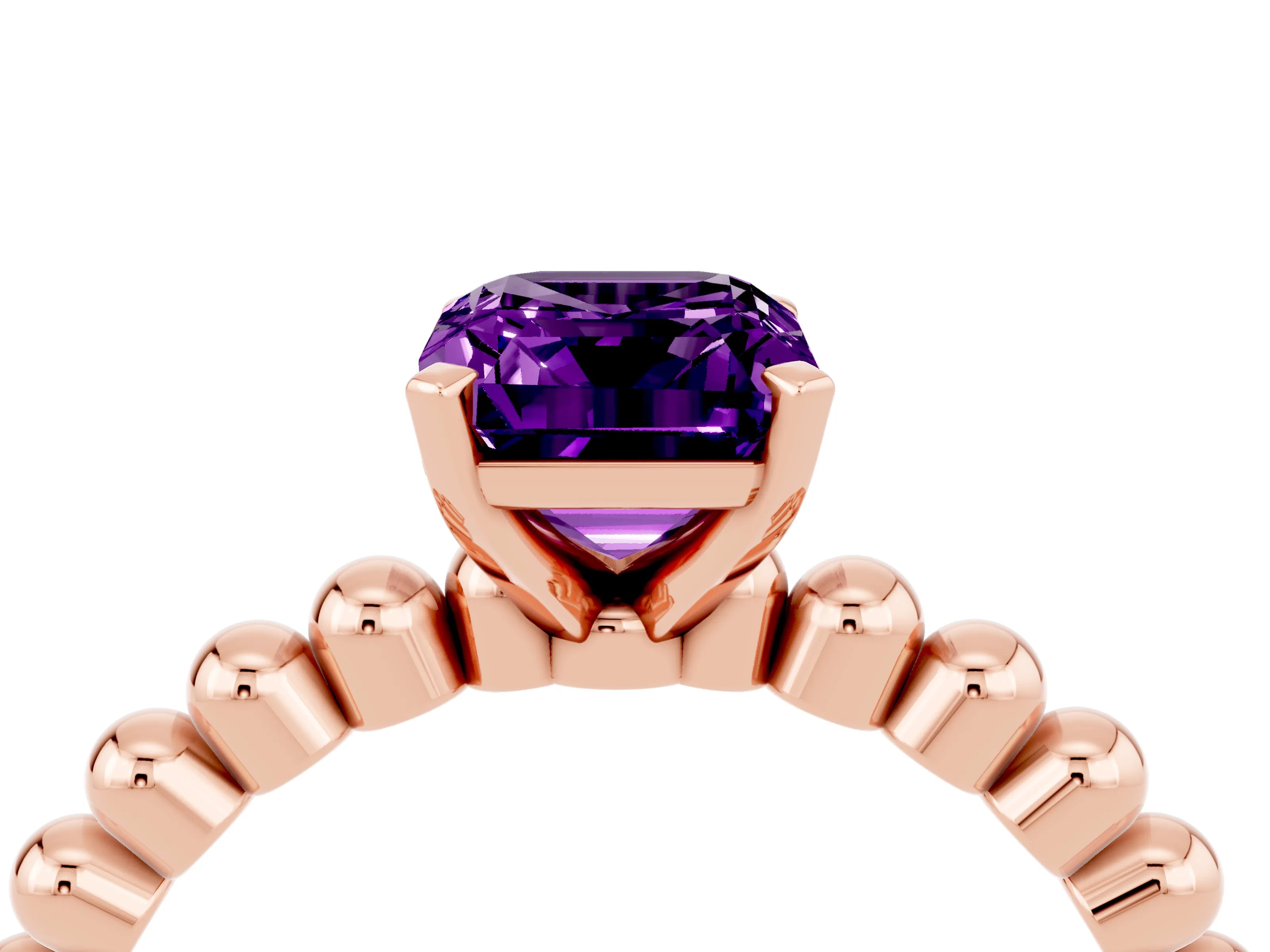 Rose gold Emerald Cut Amethyst Solitaire Ring with Beaded Band and Prong Setting_4