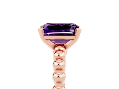 Rose gold Emerald Cut Amethyst Solitaire Ring with Beaded Band and Prong Setting_5