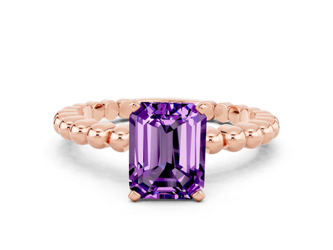 Rose gold Emerald Cut Amethyst Solitaire Ring with Beaded Band and Prong Setting