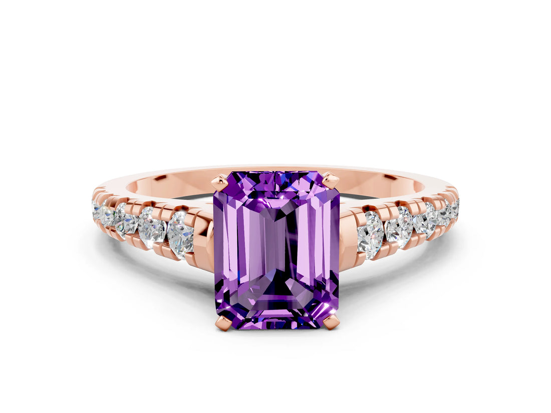 Rose gold Emerald Cut Amethyst Solitaire Ring with Cathedral Setting and Pavé Band