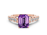 Rose gold Emerald Cut Amethyst Solitaire Ring with Cathedral Setting and Pavé Band