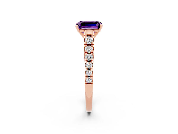 Rose gold Emerald Cut Amethyst Cathedral Solitaire Ring with Round  Pavé Band