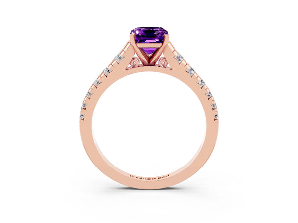 Rose gold Emerald Cut Amethyst Cathedral Solitaire Ring with Round  Pavé Band