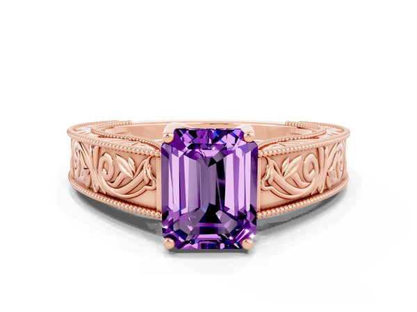 Rose gold Emerald Cut Amethyst Solitaire Ring with Engraved Band and Four-Prong Setting
