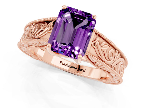 Rose gold Emerald Cut Amethyst Solitaire Ring with Engraved Band and Four-Prong Setting