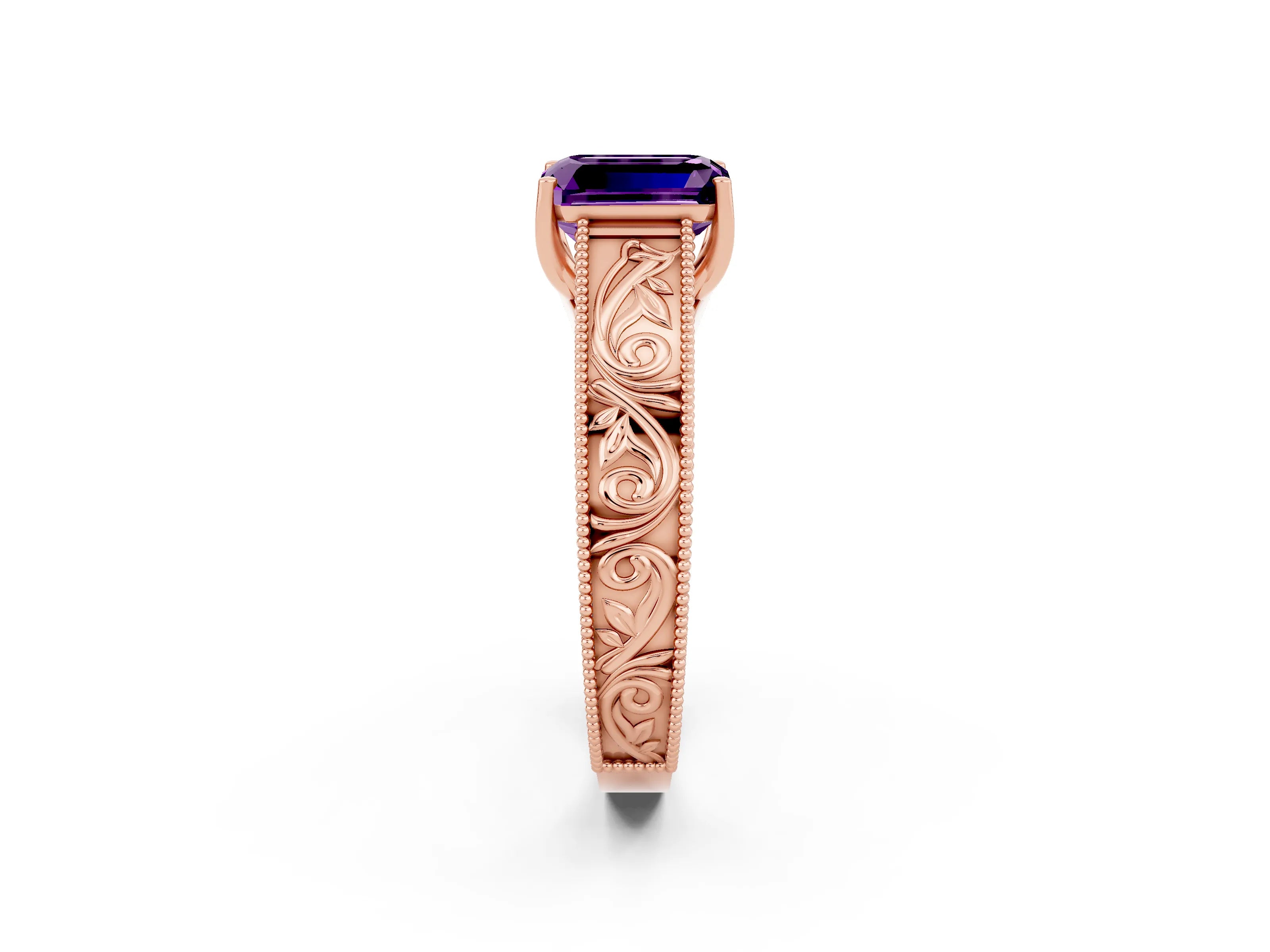 Rose gold Emerald Cut Amethyst Solitaire Ring with Engraved Band and Four-Prong Setting_2