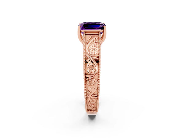 Rose gold Emerald Cut Amethyst Solitaire Ring with Engraved Band and Four-Prong Setting