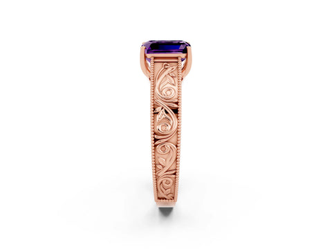 Rose gold Emerald Cut Amethyst Solitaire Ring with Engraved Band and Four-Prong Setting_2