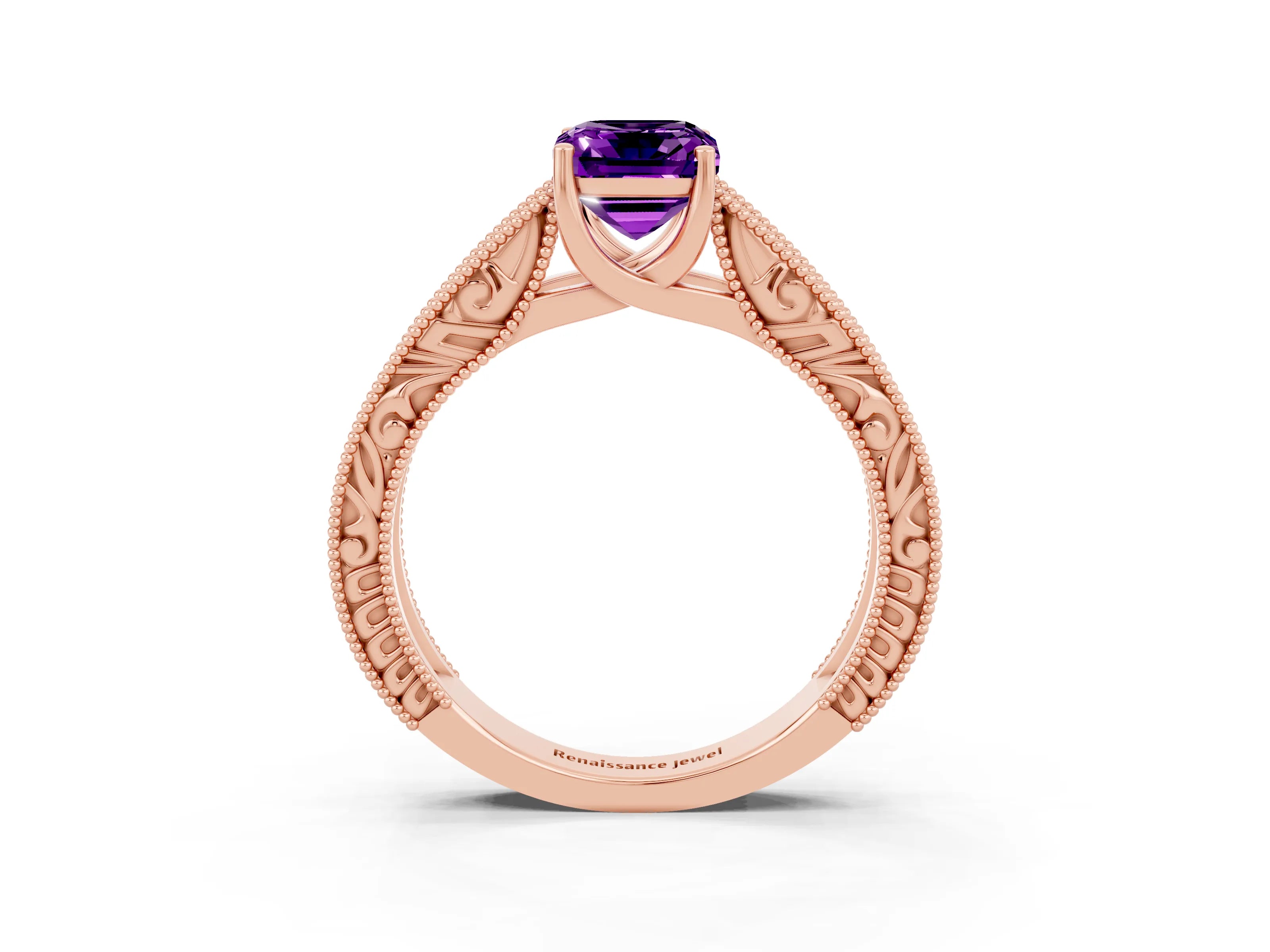 Rose gold Emerald Cut Amethyst Solitaire Ring with Engraved Band and Four-Prong Setting_3