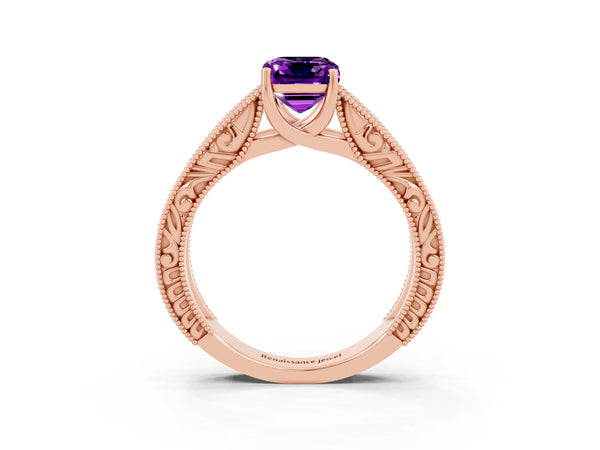Rose gold Emerald Cut Amethyst Solitaire Ring with Engraved Band and Four-Prong Setting