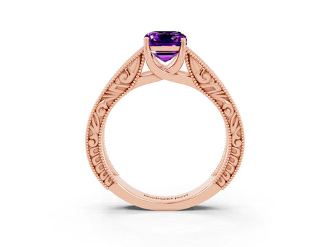 Rose gold Emerald Cut Amethyst Solitaire Ring with Engraved Band and Four-Prong Setting_3