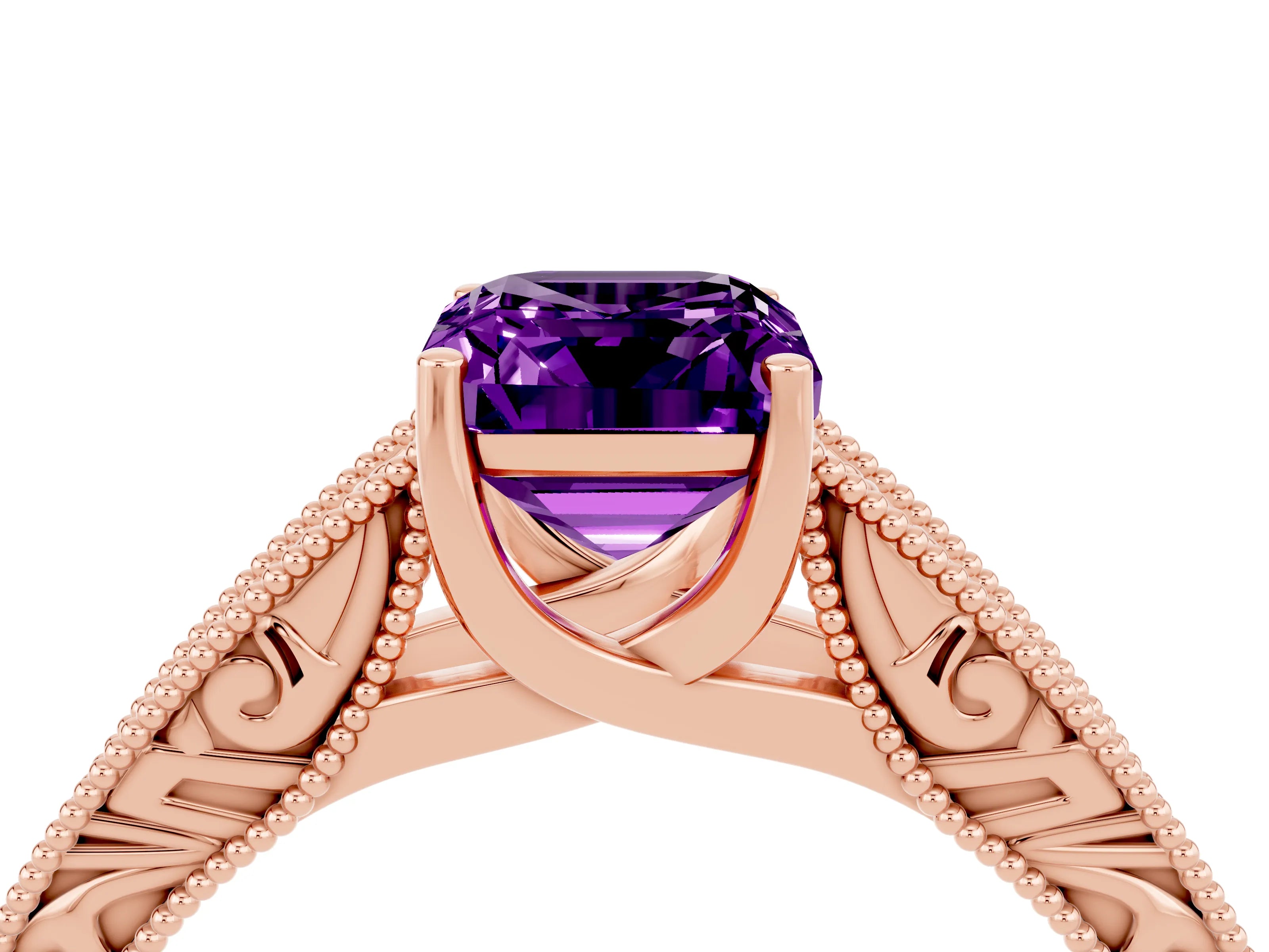 Rose gold Emerald Cut Amethyst Solitaire Ring with Engraved Band and Four-Prong Setting_4