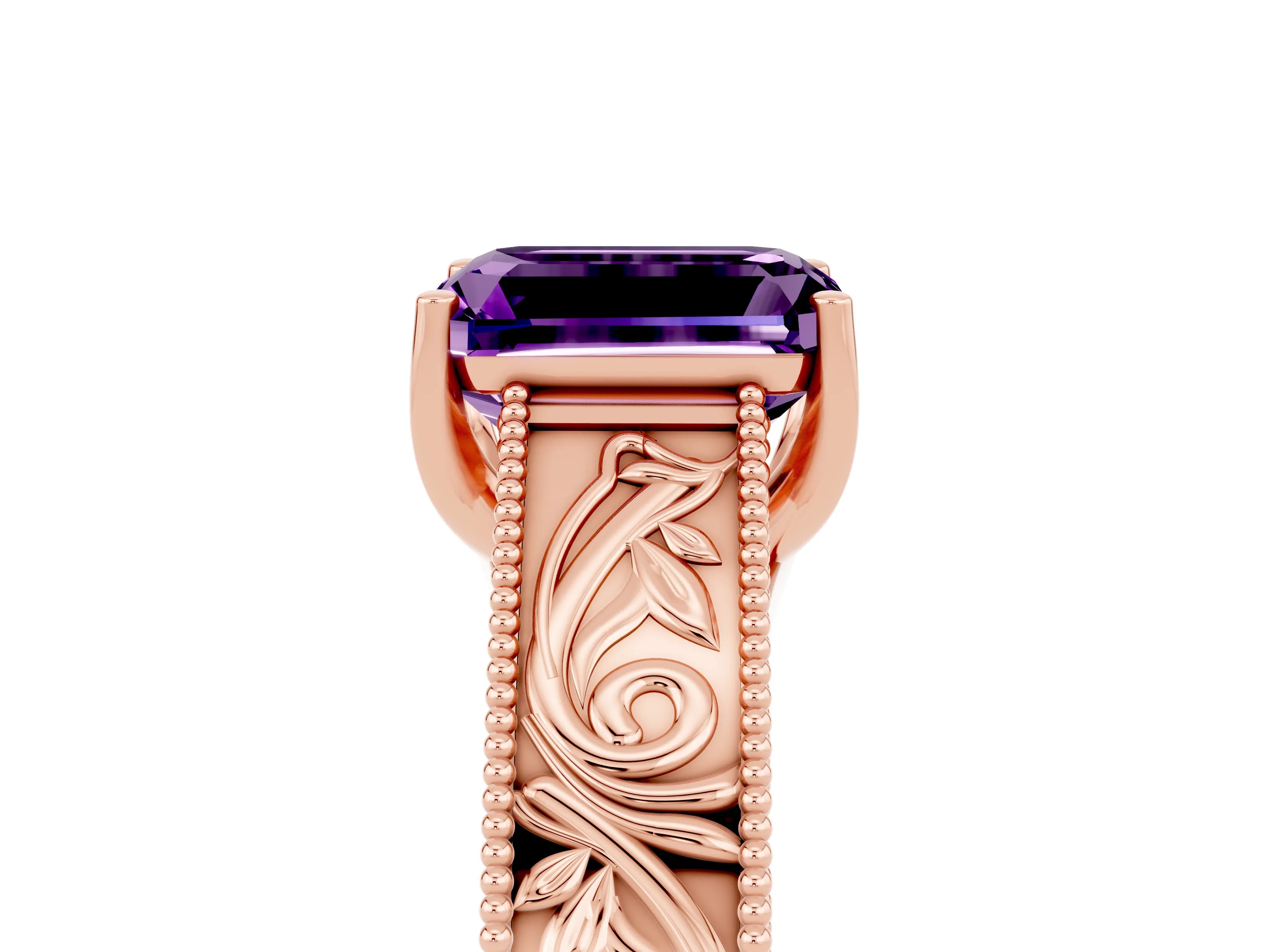 Rose gold Emerald Cut Amethyst Solitaire Ring with Engraved Band and Four-Prong Setting_5