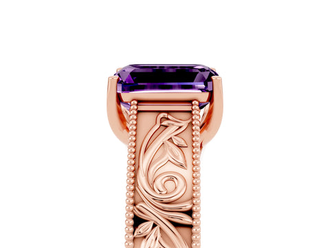 Rose gold Emerald Cut Amethyst Solitaire Ring with Engraved Band and Four-Prong Setting_5