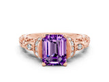 Rose gold Emerald Cut Amethyst Solitaire Ring with Filigree Band and Four-Prong Setting_44