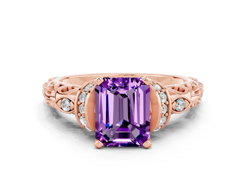 Rose gold Emerald Cut Amethyst Solitaire Ring with Filigree Band and Four-Prong Setting_44