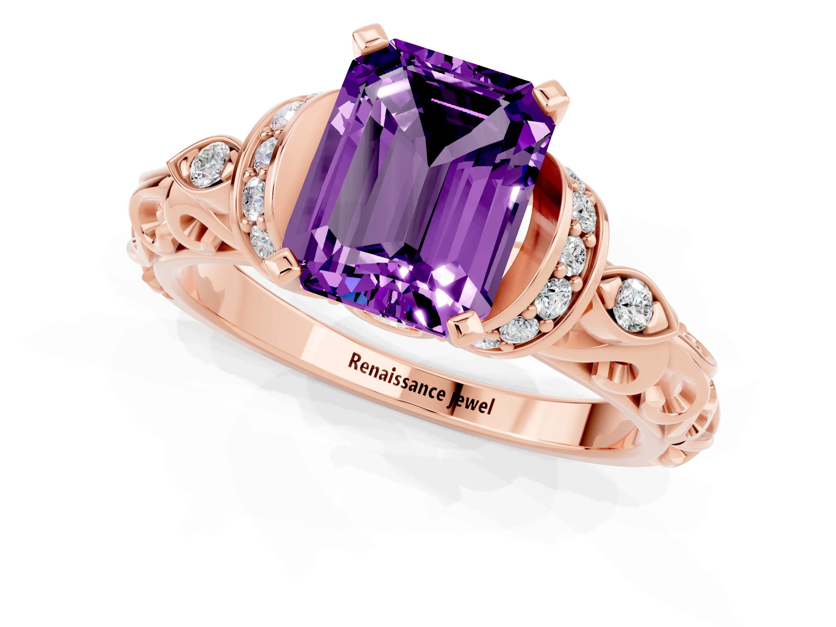 Rose gold Emerald Cut Amethyst Solitaire Ring with Filigree Band and Four-Prong Setting_45