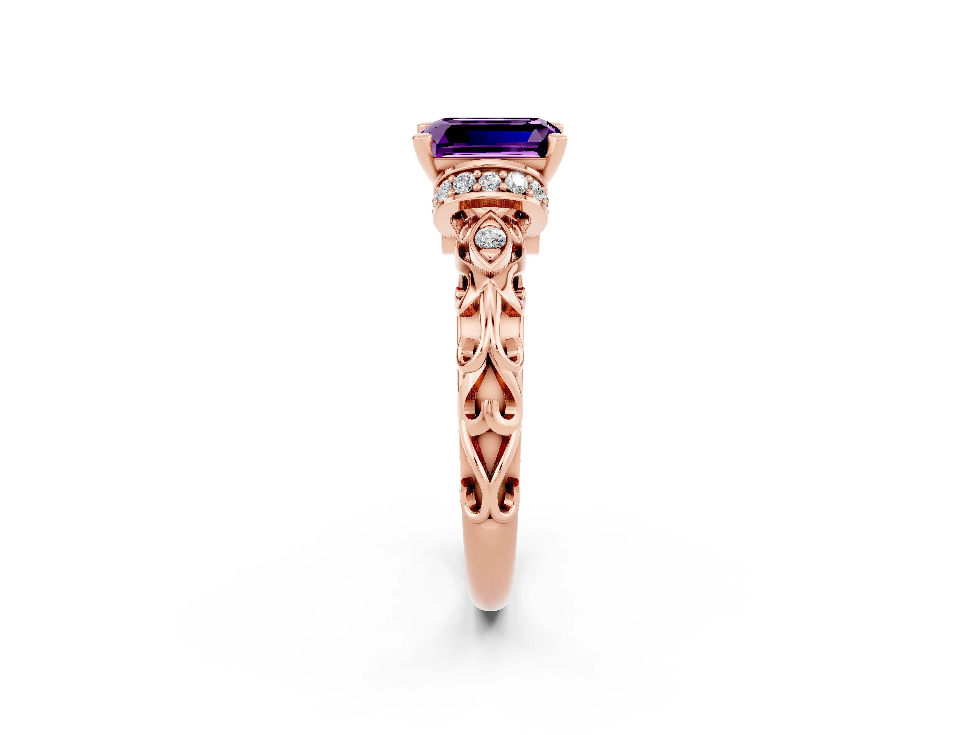 Rose gold Emerald Cut Amethyst Solitaire Ring with Filigree Band and Four-Prong Setting_46