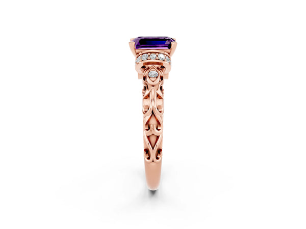 Rose gold Emerald Cut Amethyst Solitaire Ring with Filigree Band and Four-Prong Setting