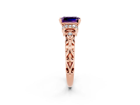 Rose gold Emerald Cut Amethyst Solitaire Ring with Filigree Band and Four-Prong Setting_46