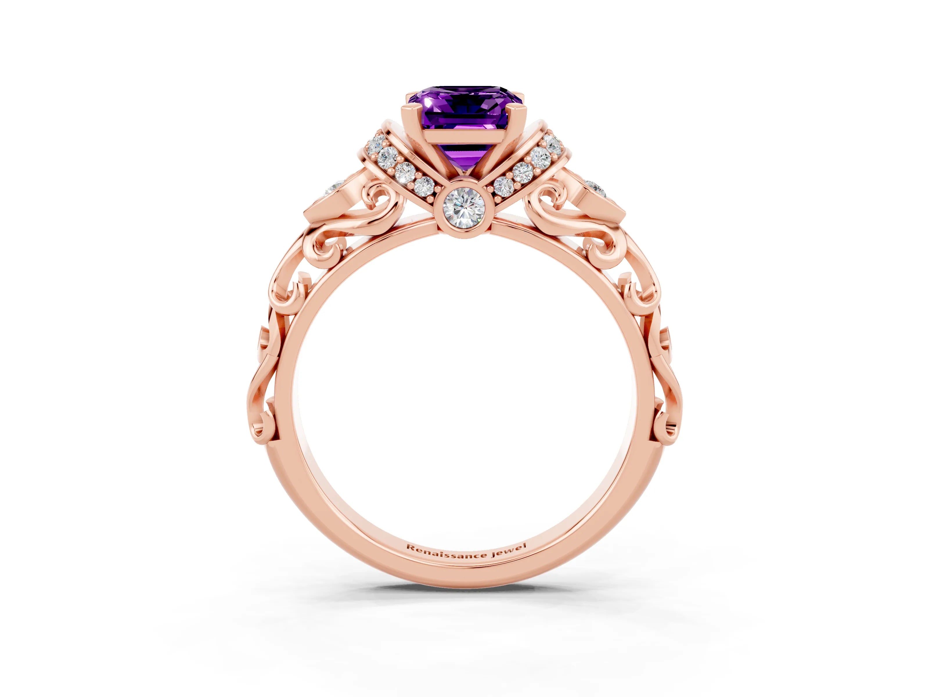 Rose gold Emerald Cut Amethyst Solitaire Ring with Filigree Band and Four-Prong Setting_47