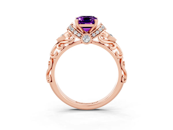 Rose gold Emerald Cut Amethyst Solitaire Ring with Filigree Band and Four-Prong Setting