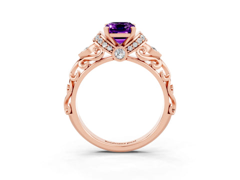 Rose gold Emerald Cut Amethyst Solitaire Ring with Filigree Band and Four-Prong Setting_47