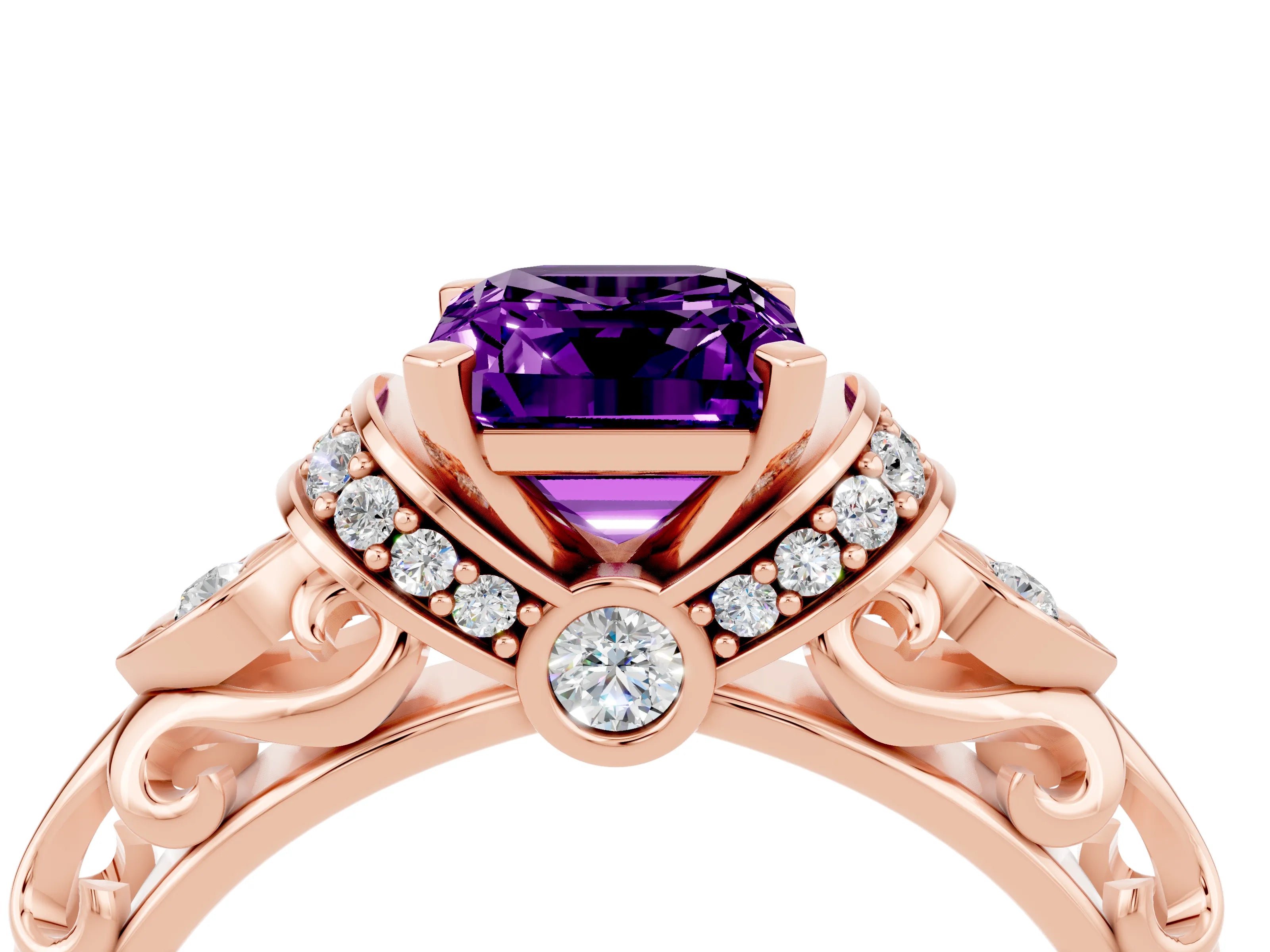 Rose gold Emerald Cut Amethyst Solitaire Ring with Filigree Band and Four-Prong Setting_48