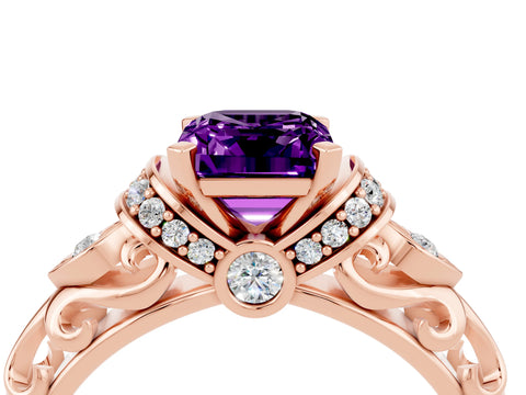 Rose gold Emerald Cut Amethyst Solitaire Ring with Filigree Band and Four-Prong Setting_48