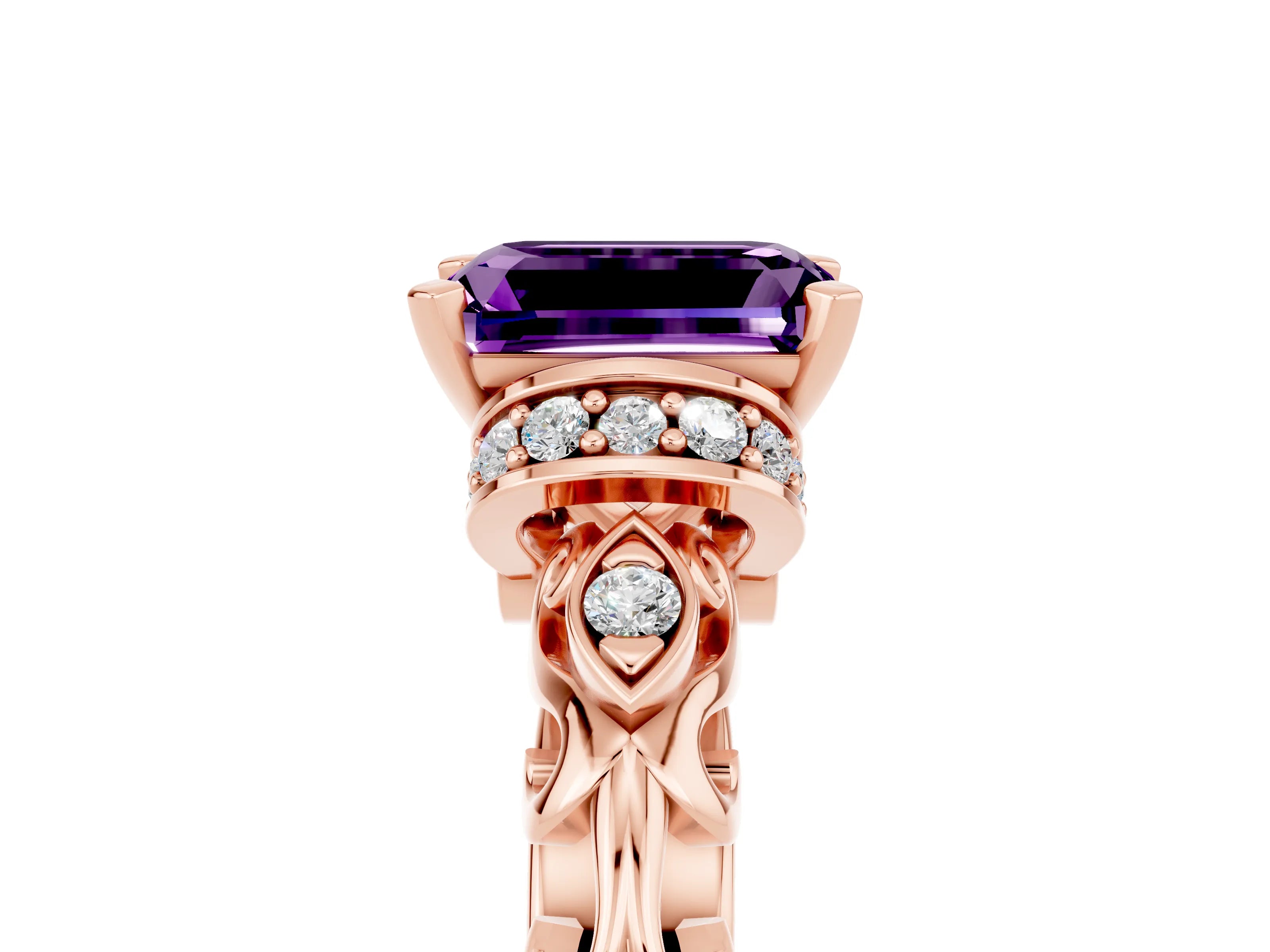 Rose gold Emerald Cut Amethyst Solitaire Ring with Filigree Band and Four-Prong Setting_49
