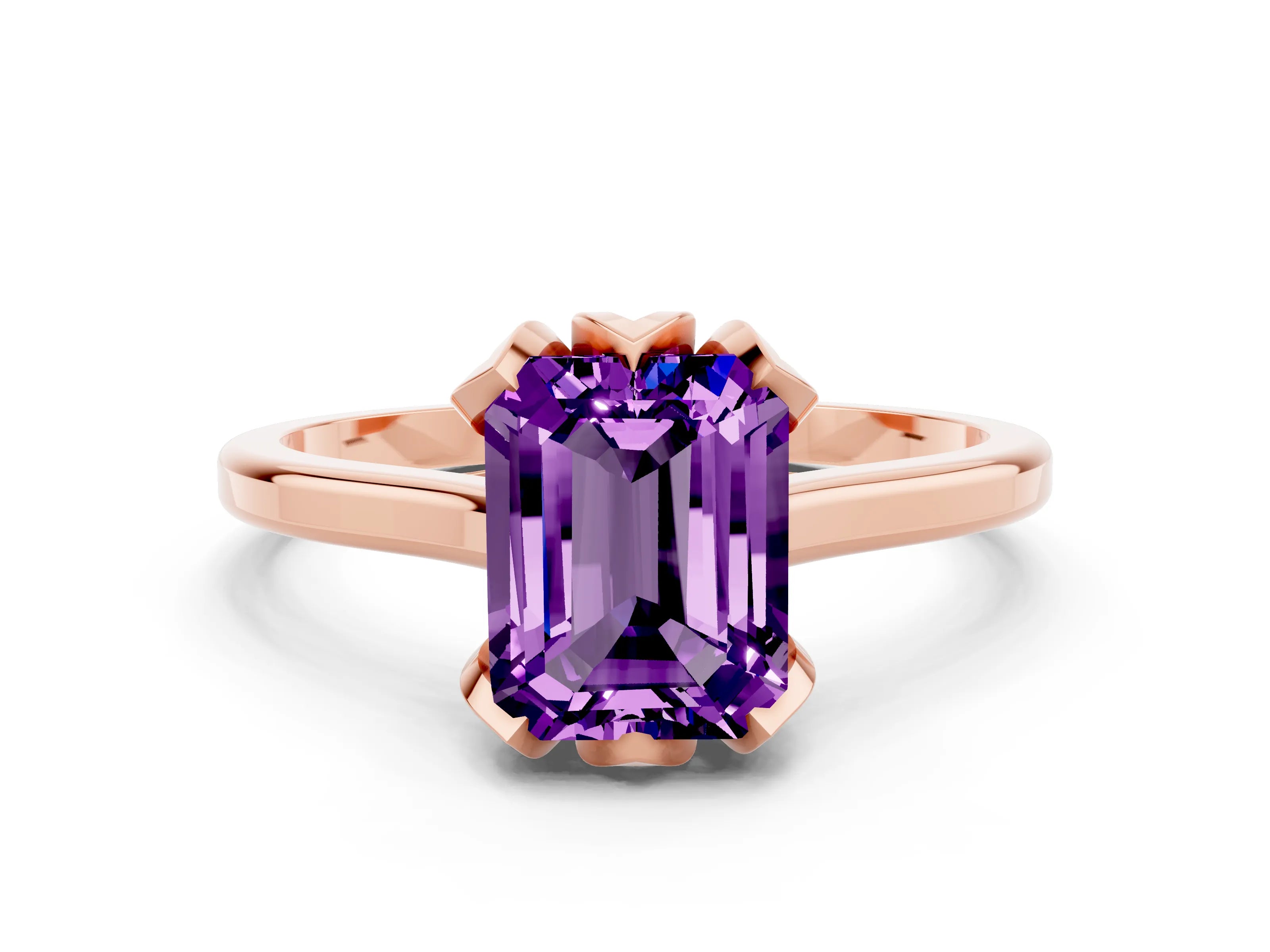 Rose gold Emerald Cut Amethyst Solitaire Ring with Flower Prong Setting and Classic Band_12