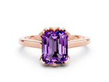 Rose gold Emerald Cut Amethyst Solitaire Ring with Flower Prong Setting and Classic Band_12