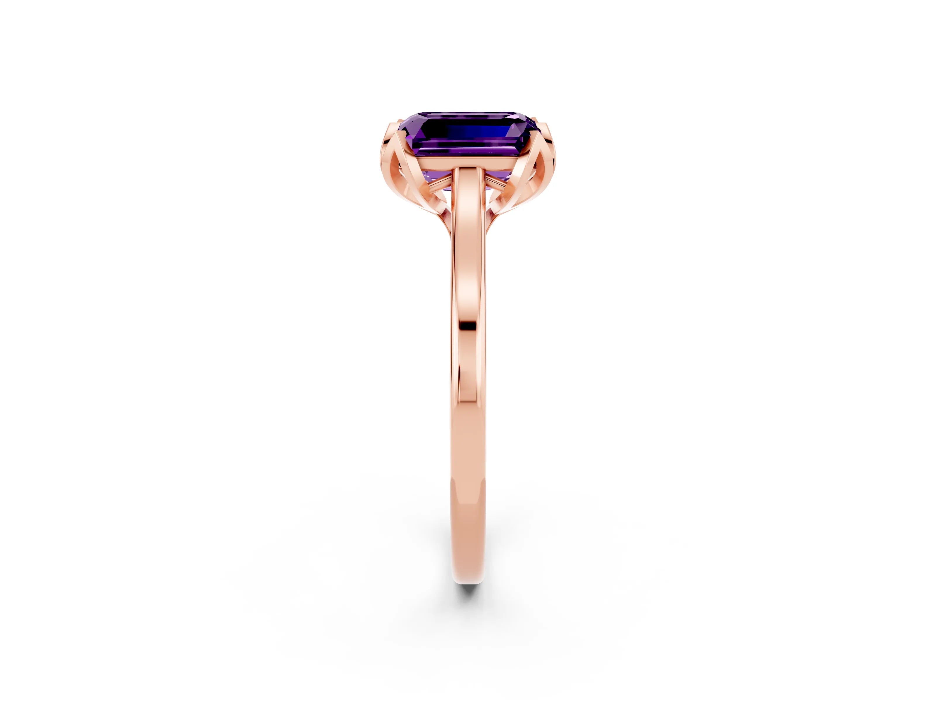 Rose gold Emerald Cut Amethyst Solitaire Ring with Flower Prong Setting and Classic Band_14