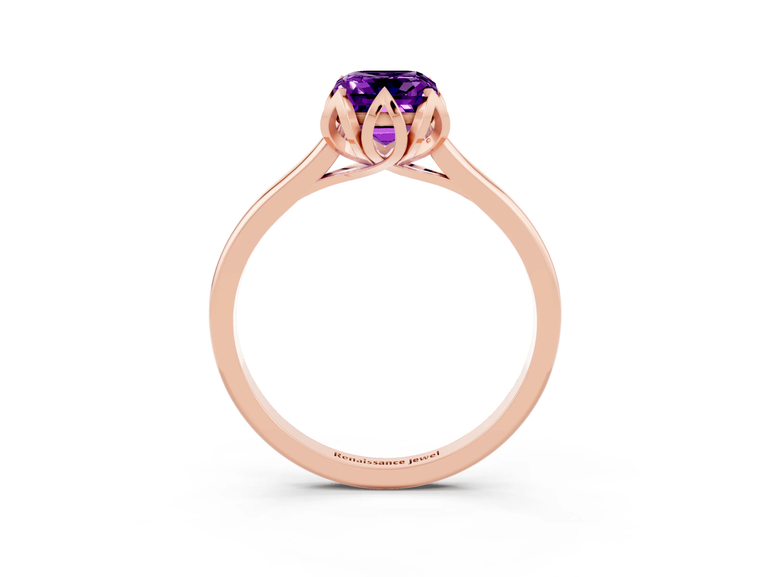 Rose gold Emerald Cut Amethyst Solitaire Ring with Flower Prong Setting and Classic Band_15