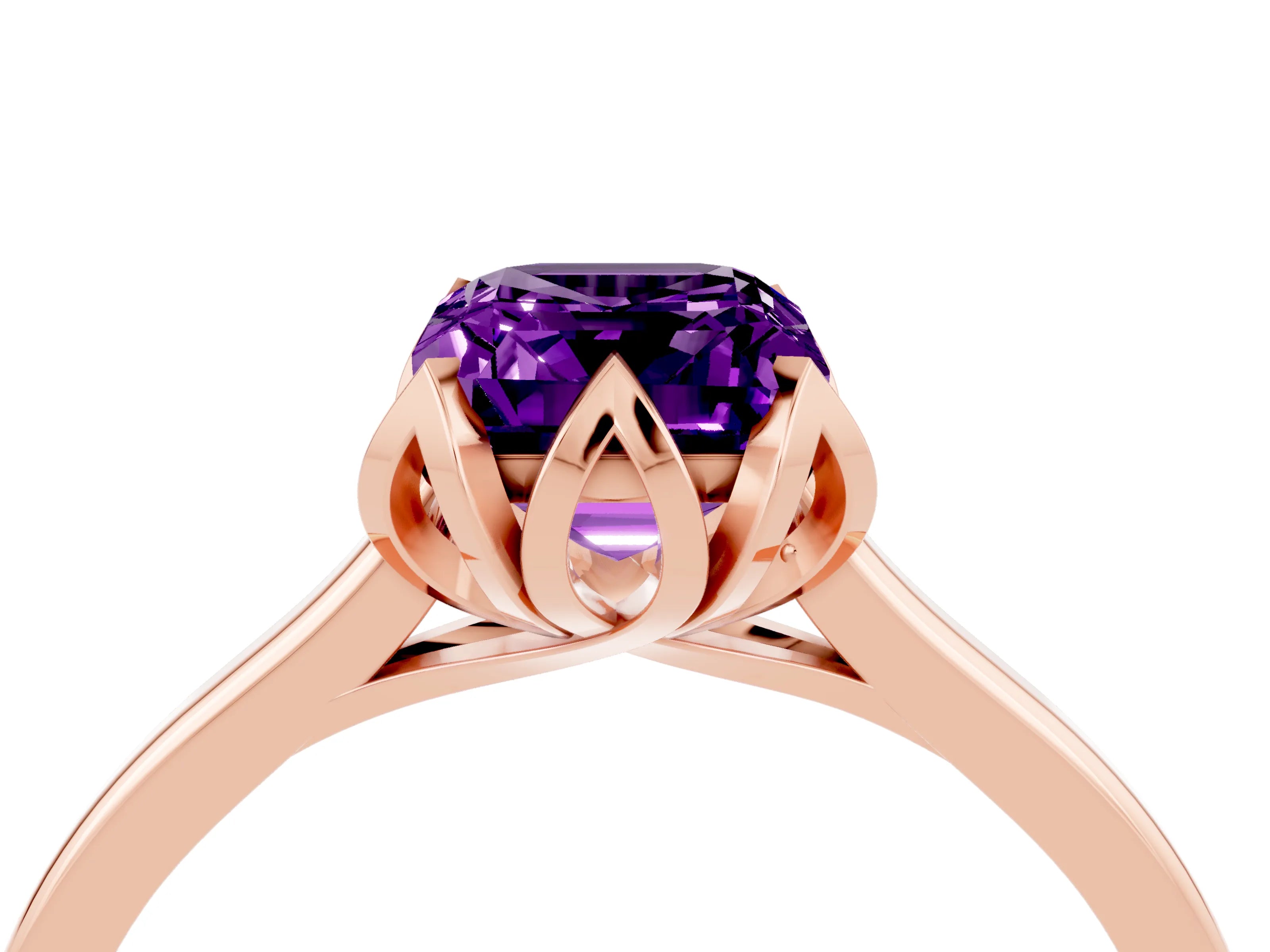 Rose gold Emerald Cut Amethyst Solitaire Ring with Flower Prong Setting and Classic Band_16
