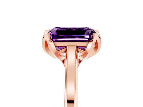 Rose gold Emerald Cut Amethyst Solitaire Ring with Flower Prong Setting and Classic Band_17