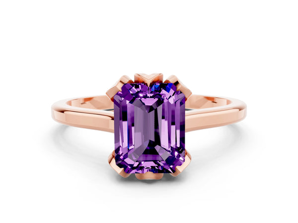 Rose gold Emerald Cut Amethyst Solitaire Ring with Flower Prong Setting and Classic Band